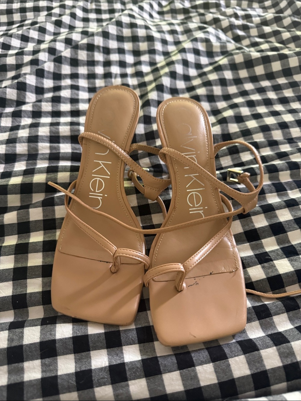 Calvin Klein Tan Strappy Square-Toe Heeled Sandals